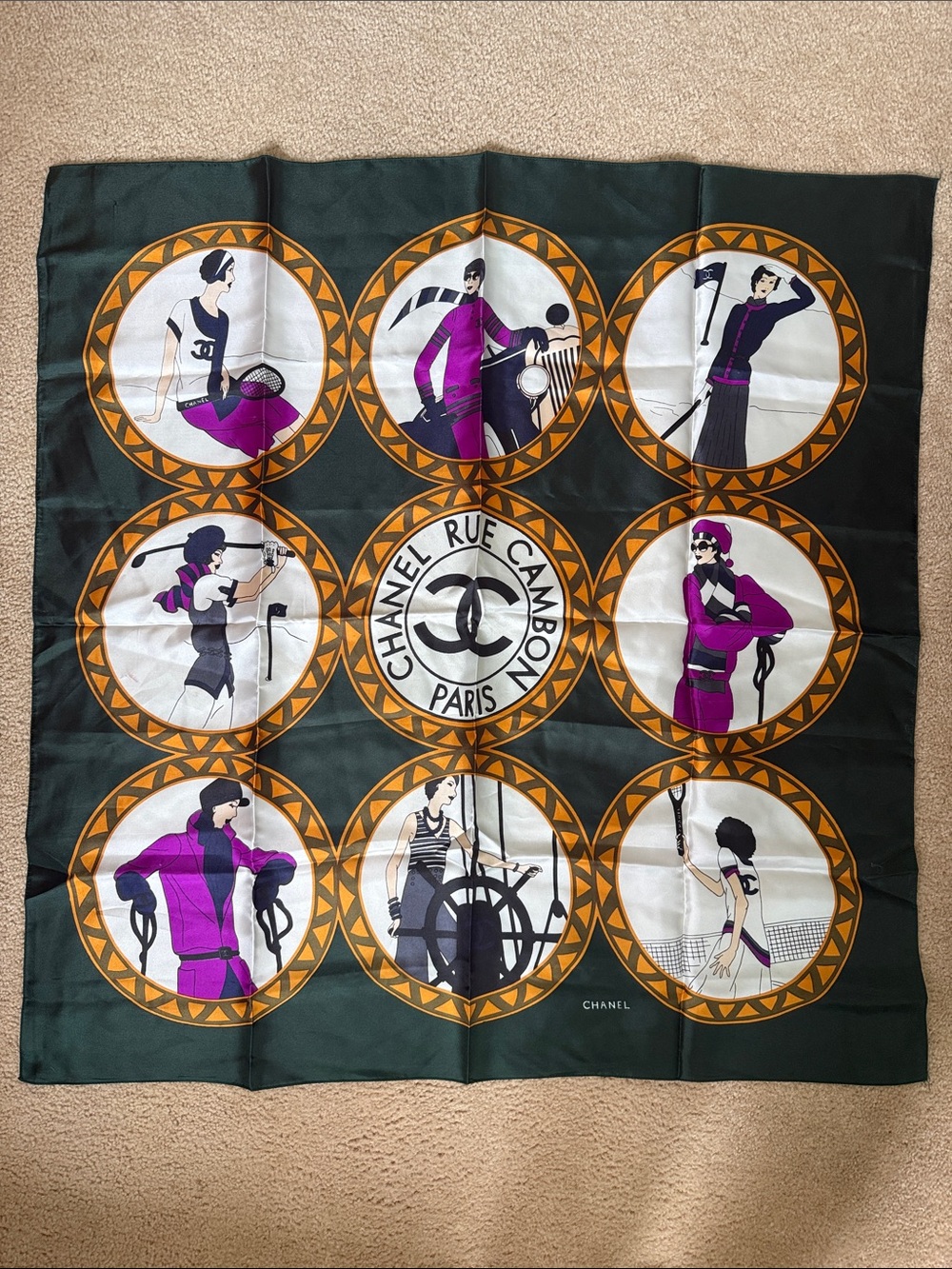 CHANEL Silk Scarf with Green, Purple & Gold Graphic Medallions